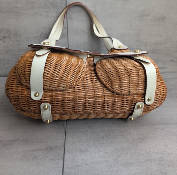 Savoy Anthropologie Woven Tan and White Woven Wicker Picnic Purse Handbag - Picture 6 of 15